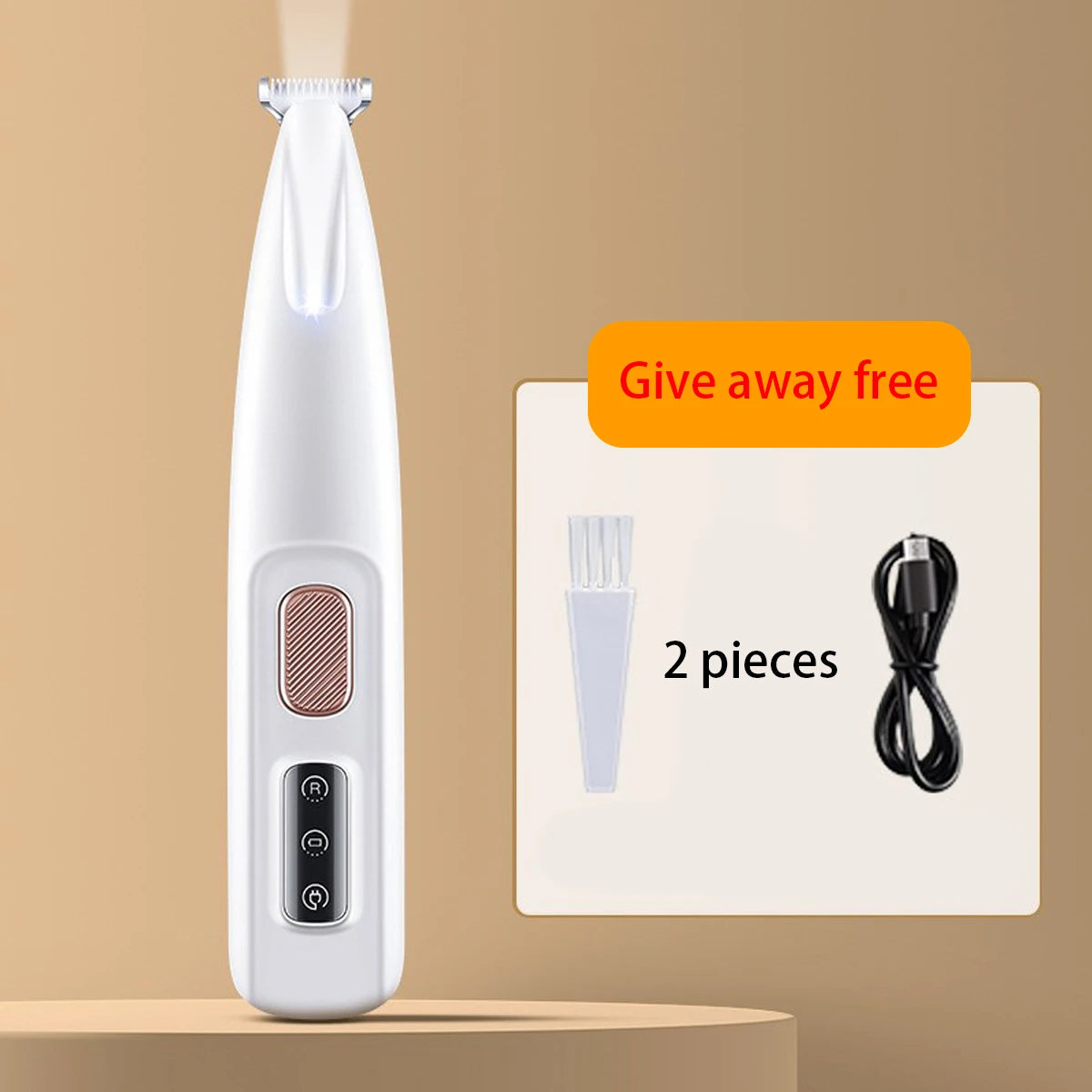 A white waterproof pet grooming trimmer is shown standing upright on a wooden surface with an offer for a giveaway.