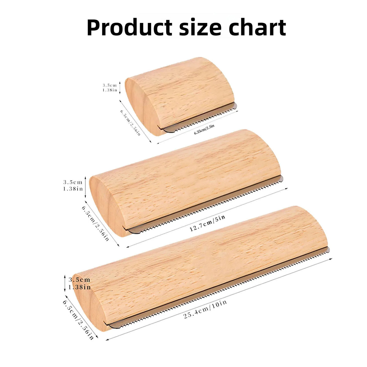 Product size chart showing three sizes of solid wood pet grooming combs for dogs, cats, and horses.