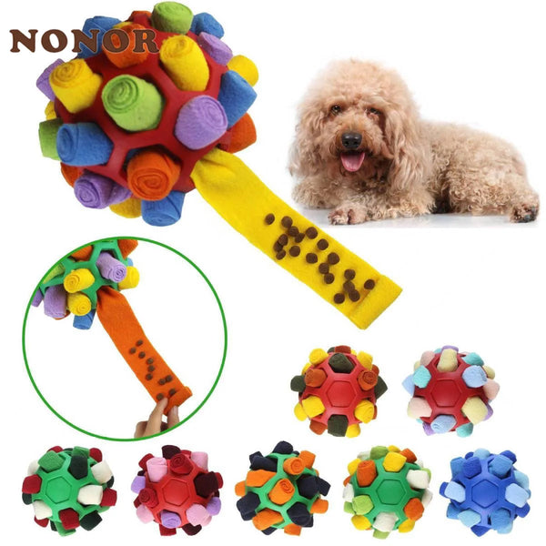 A collection of colorful interactive snuffle balls and a yellow feeding strap for dog training.
