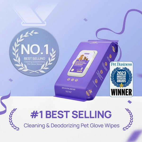 A purple box of No.1 best-selling cleaning and deodorizing pet glove wipes is shown with a gold award banner.