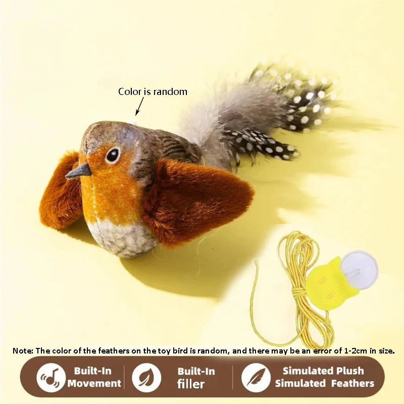 A small toy bird with orange and brown feathers is shown next to an elastic rope and a yellow component.