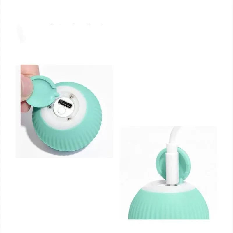 A close-up view of a light green automatic rolling cat toy ball with a white nozzle.