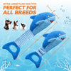 A blue plush shark chew toy for dogs shown with various size comparisons and dimensions.