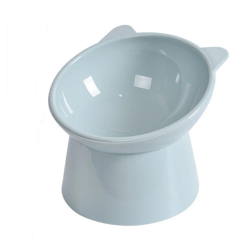 Light blue ergonomic elevated pet bowl with a wide rim and storage base