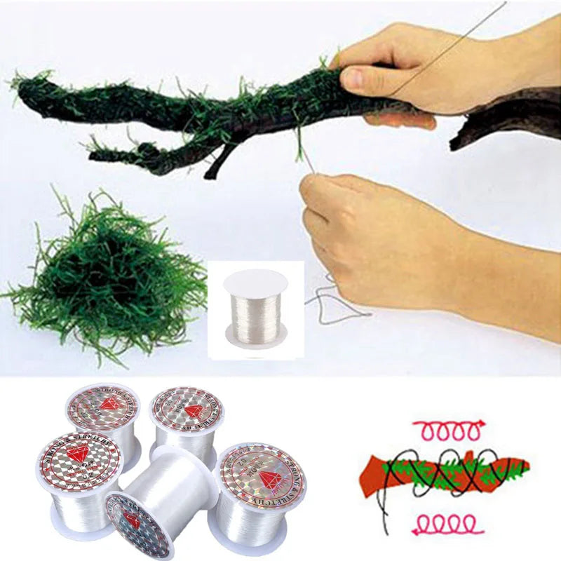 Transparent nylon moss line for aquariums showing a hand manipulating the line and coiled lines.