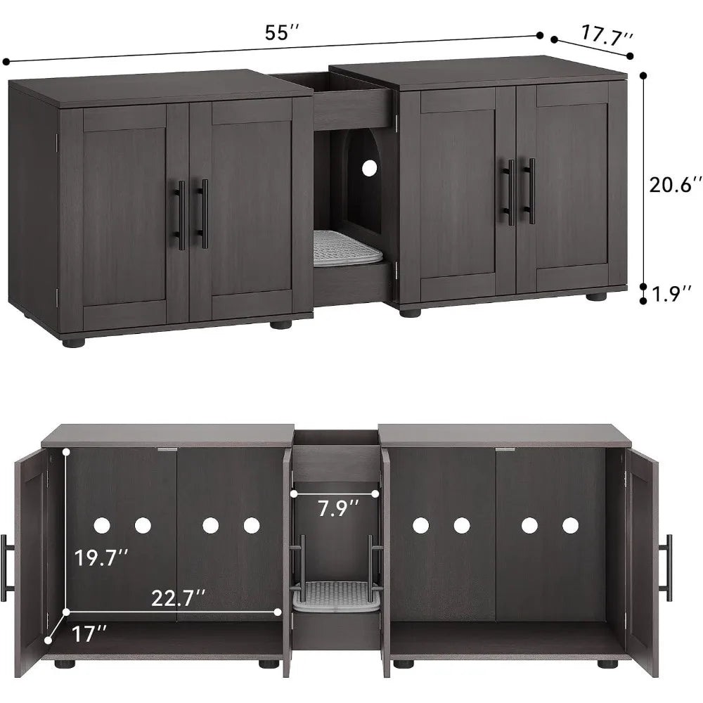 A dark brown wooden litter box enclosure and storage cabinet with doors and a shelf.
