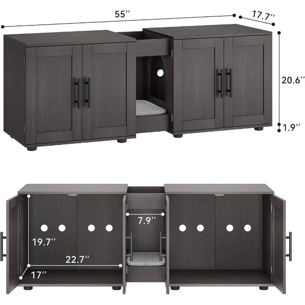 A dark brown wooden litter box enclosure and storage cabinet with doors and a shelf.