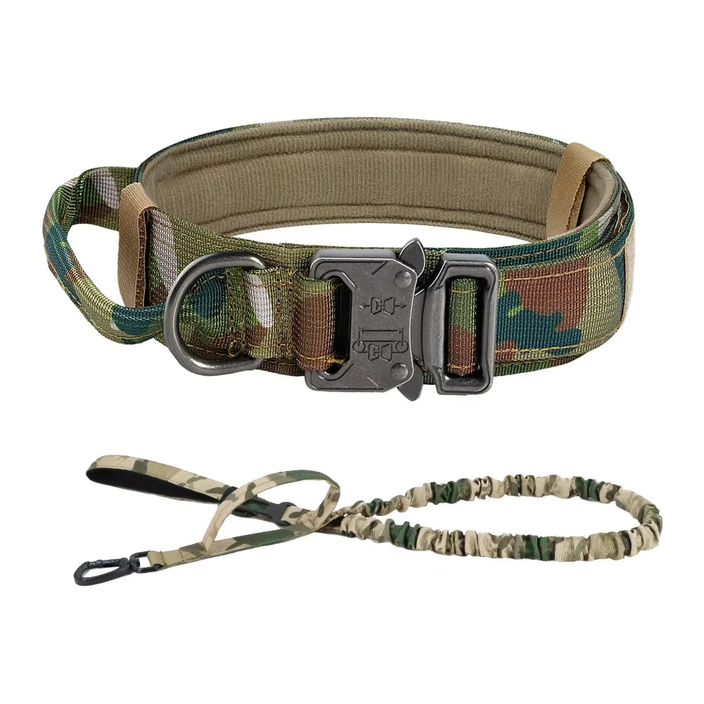 A tactical dog training collar and leash set featuring a padded collar and a nylon leash.