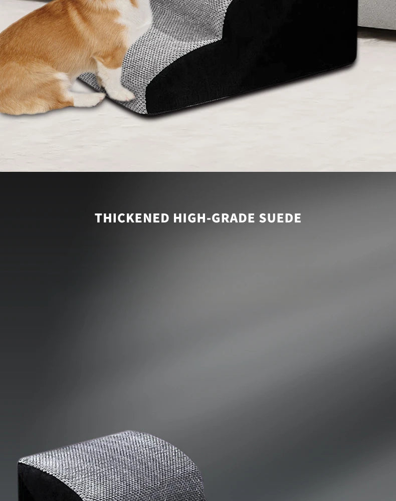 A fluffy orange cat is resting on a thick, gray suede pet ramp.