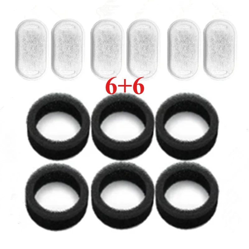 A set of twelve oval-shaped activated carbon replacement filters for pet water fountains, including six white and six black c