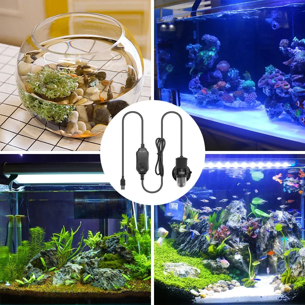 A set of USB mini submersible aquarium heaters and related equipment shown alongside a planted aquatic display tank.