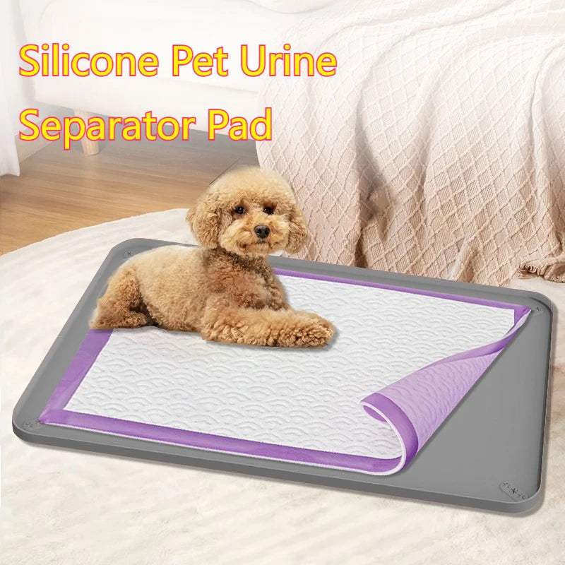 A silicone pet urine separator pad is shown with a small dog resting on it, placed on a gray tray.