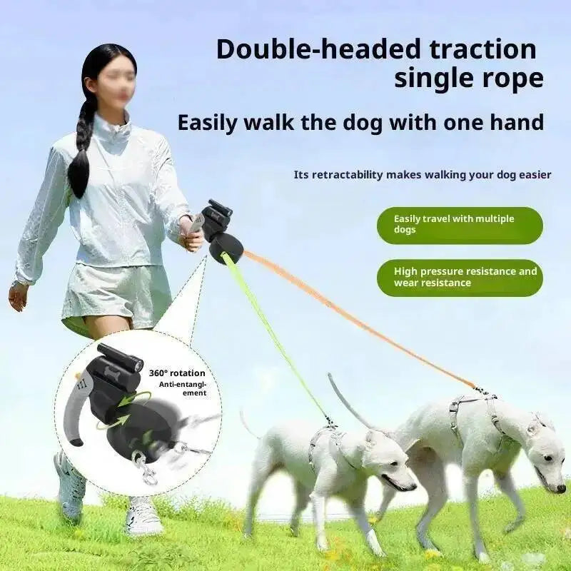 A woman is shown walking a dog with a double-headed traction single rope leash in a grassy field.