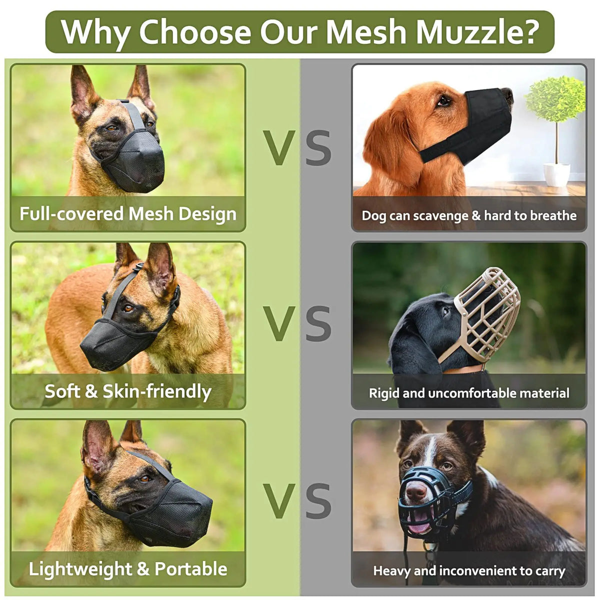 Comparison chart showing advantages of a mesh muzzle design over other types for dog control