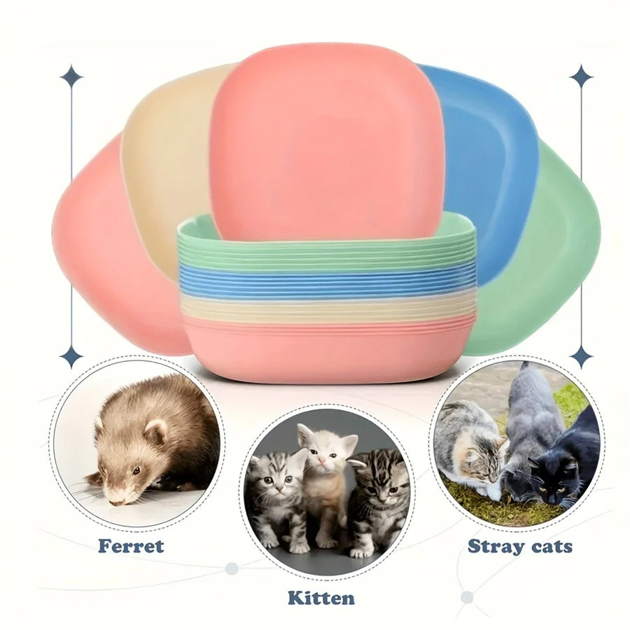 A set of five non-slip shallow plastic bowls in various pastel colors for feeding kittens and small pets.