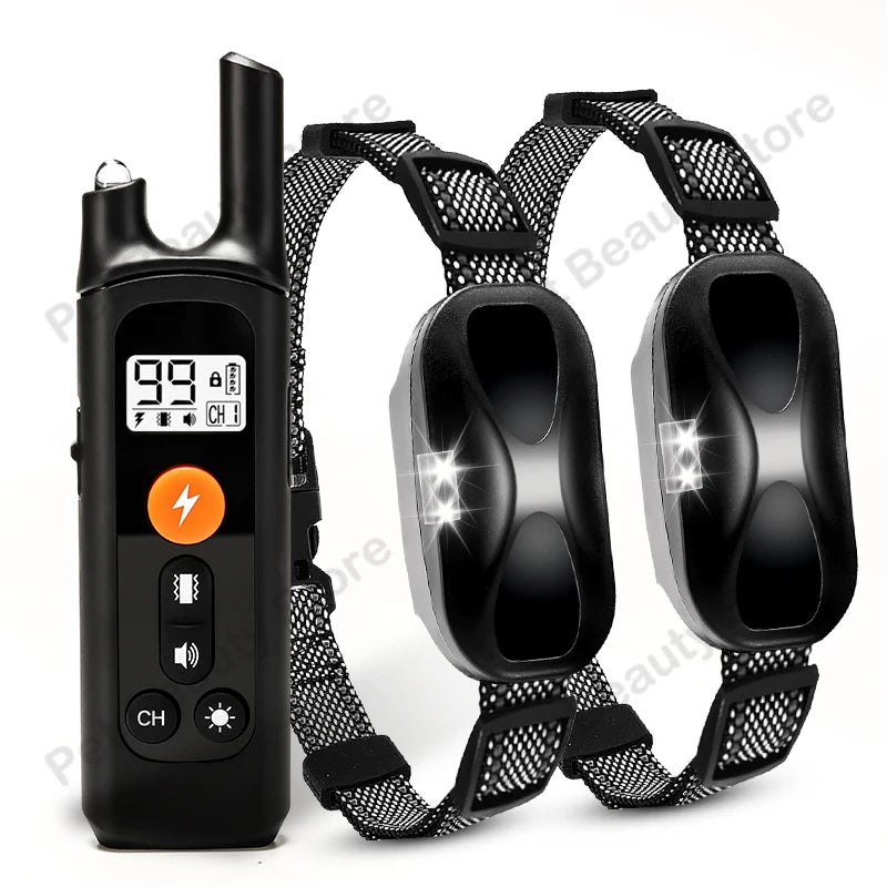 A black rechargeable remote dog training collar with an LCD display and a nylon strap is shown.