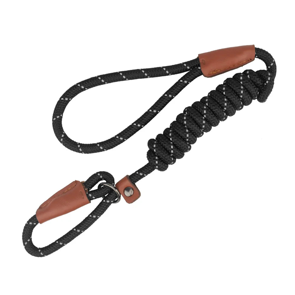 A black reflective P-shape dog leash with brown leather accents and a metal clasp.