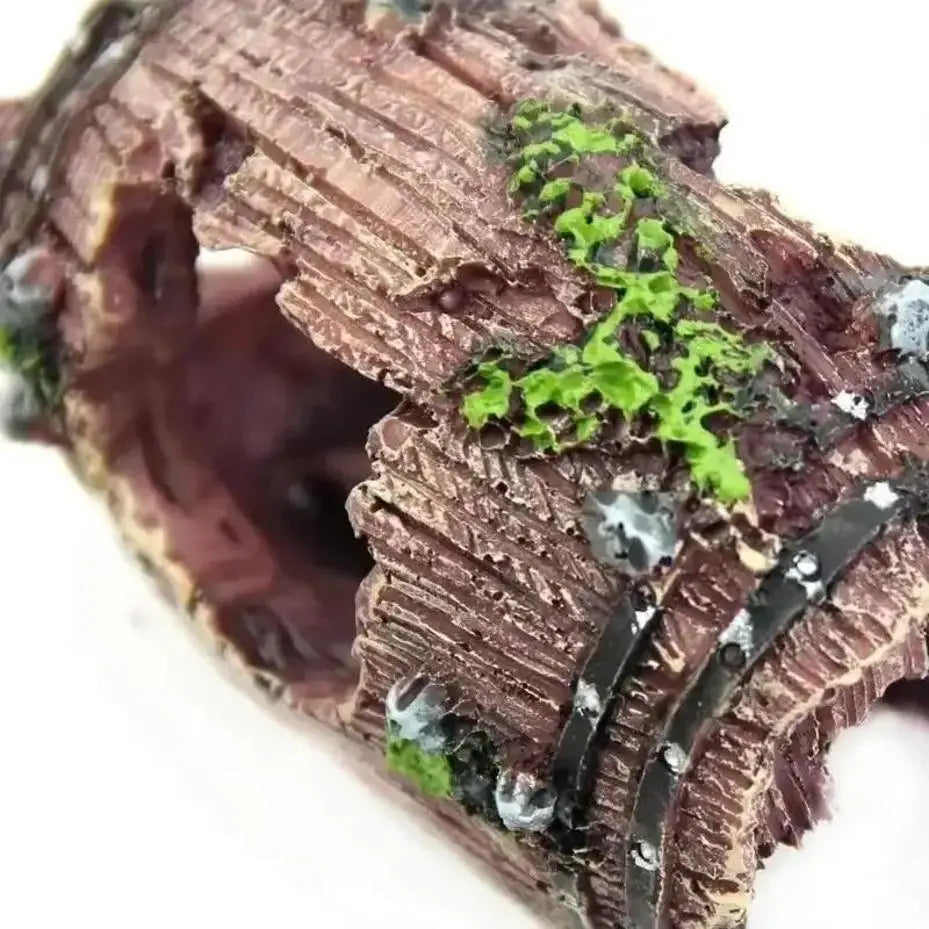 Rustic Resin Barrel Aquarium Ornament with Moss Accents