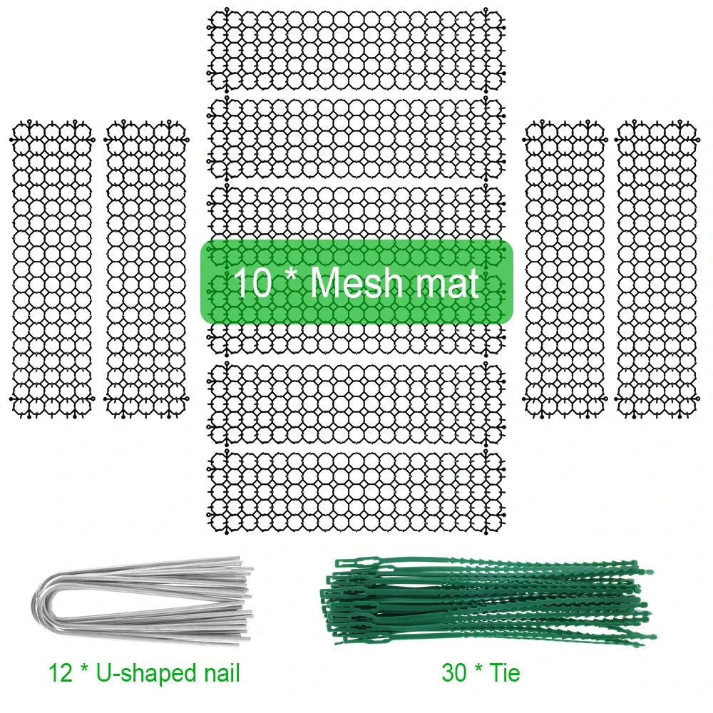 A set of mesh mats, U-shaped nails, and ties for a pet deterrent prickle strip product.