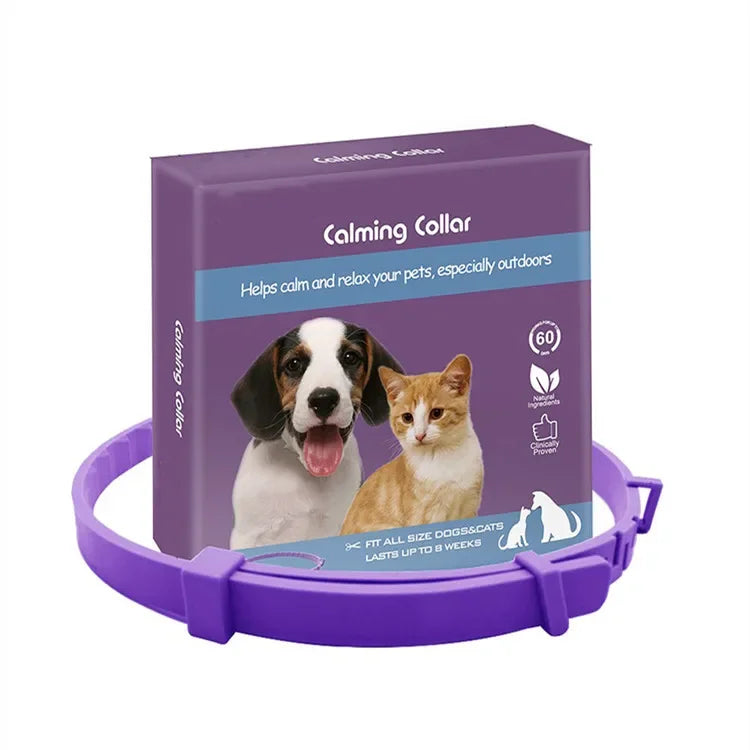 A purple calming collar box with a dog wearing the collar and a cat next to it.