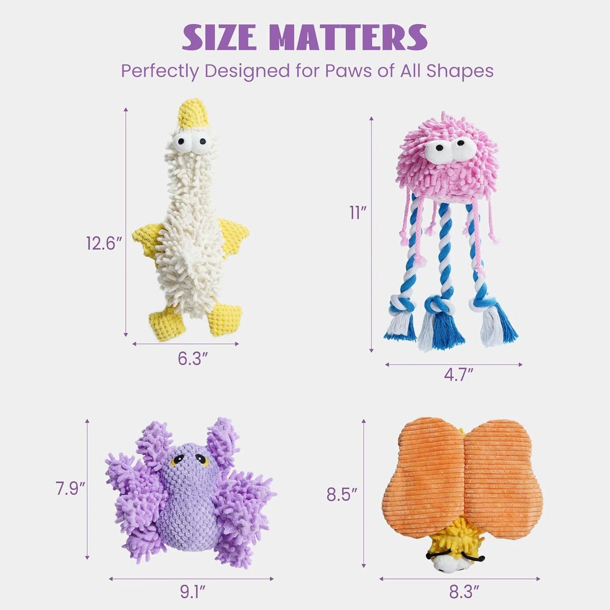 A collection of plush squeaky dog toys in various shapes and sizes, including a white dog, a purple monster, and an orange cr