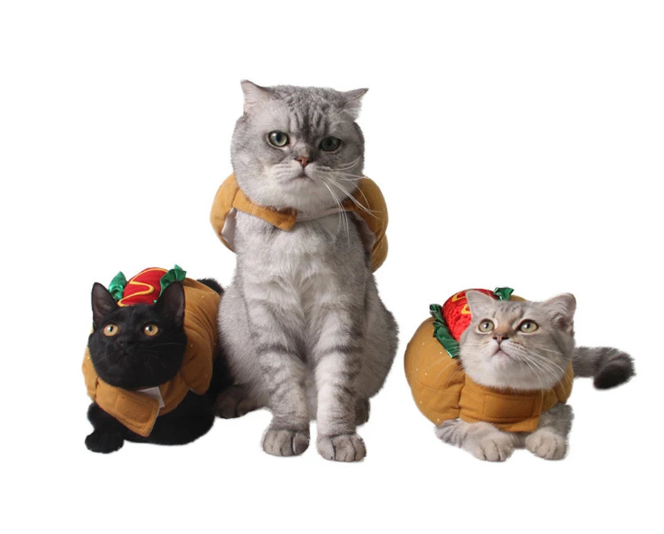 A gray cat wearing a cozy hot dog costume, sitting next to a black cat in a similar outfit.