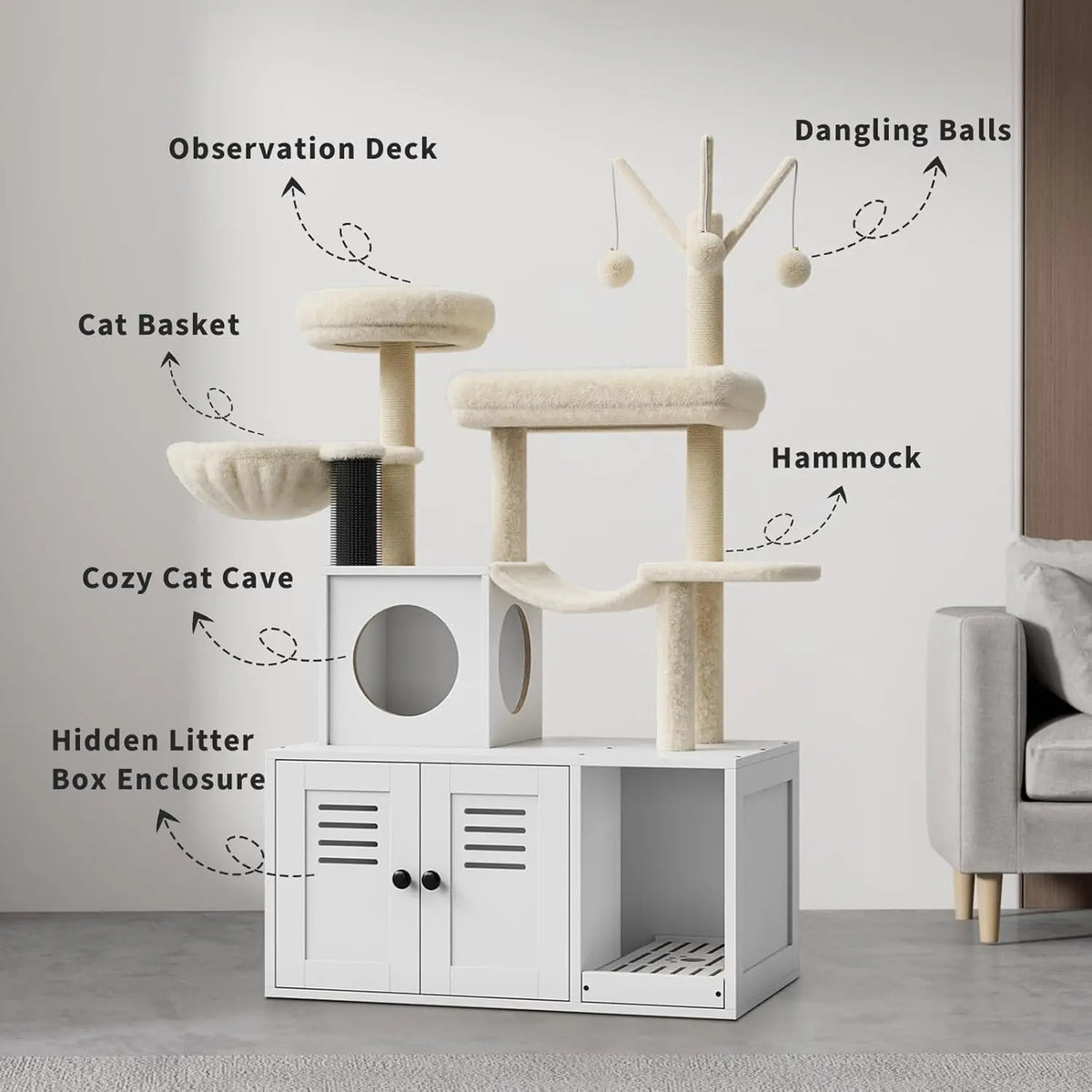 2-in-1 Cat Tree with Hidden Litter Box Enclosure, White