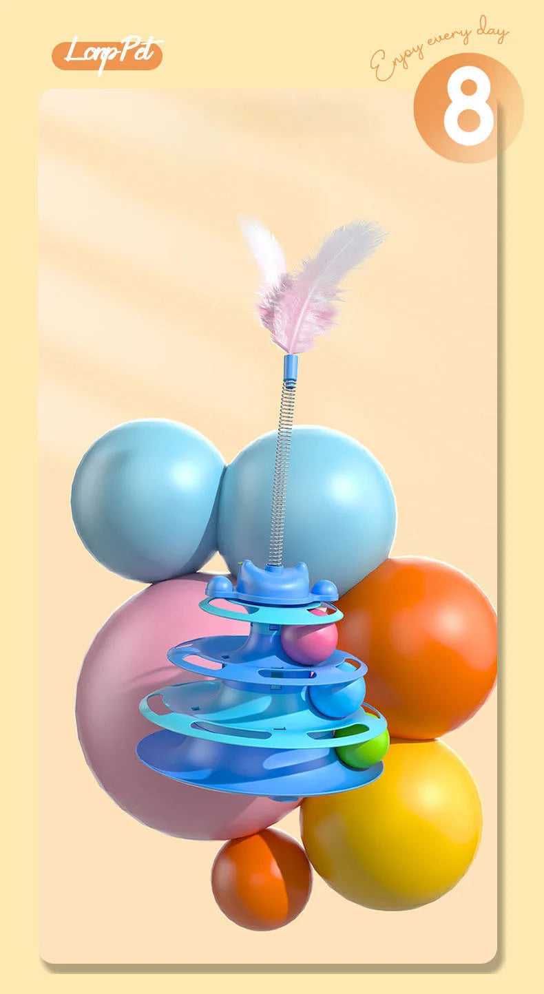 Interactive Cat Turntable Toy with Feather Wand and Rolling Ball