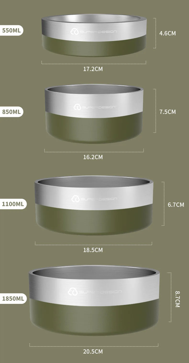 A series of stainless steel insulated dog bowls in various sizes, ranging from 550ML to 1850ML, shown with their dimensions.
