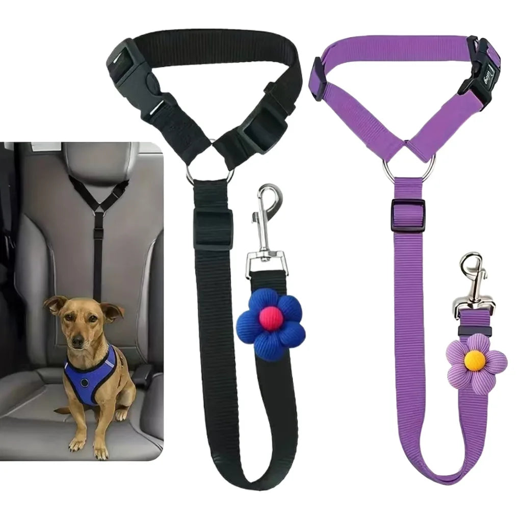 Black and purple pet car seat belts with flower attachments for vehicle safety