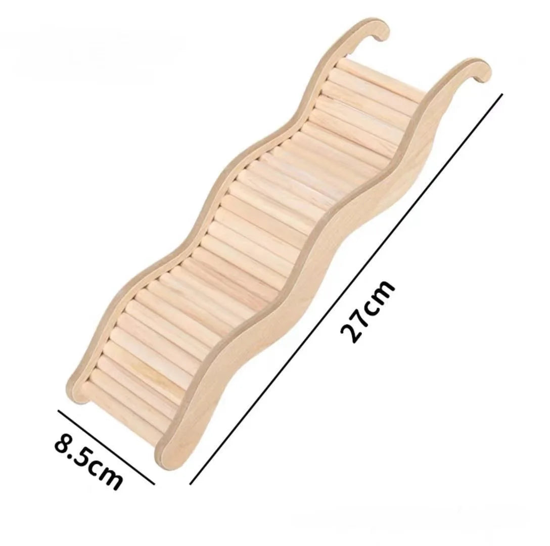 A light wooden wave staircase for hamsters featuring a curved slide design.