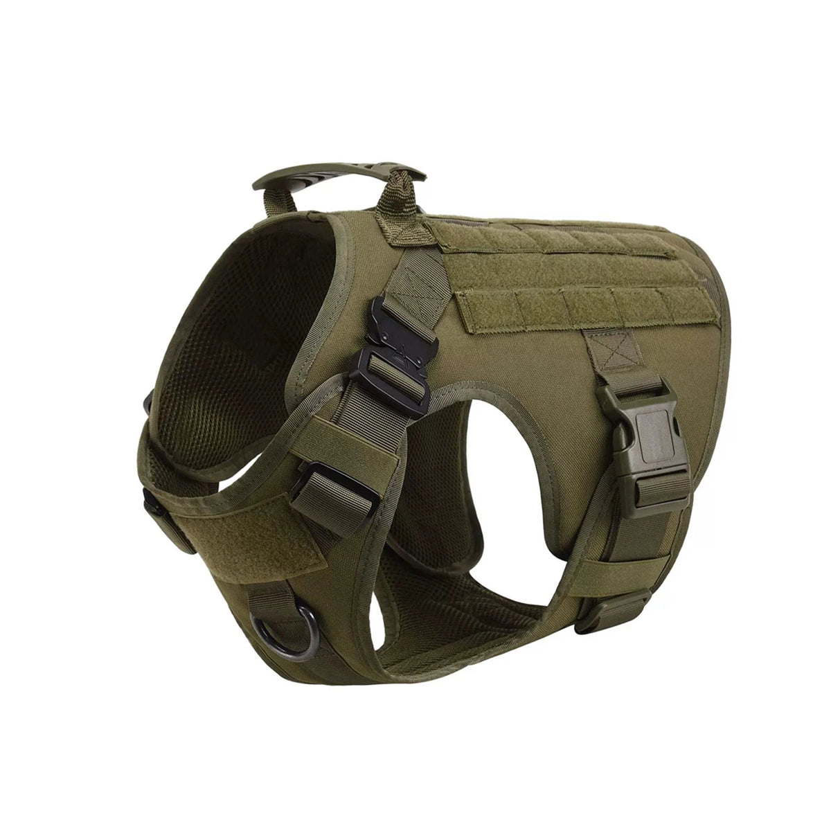 Olive green tactical dog harness set with MOLLE pouches, collar, and leash.