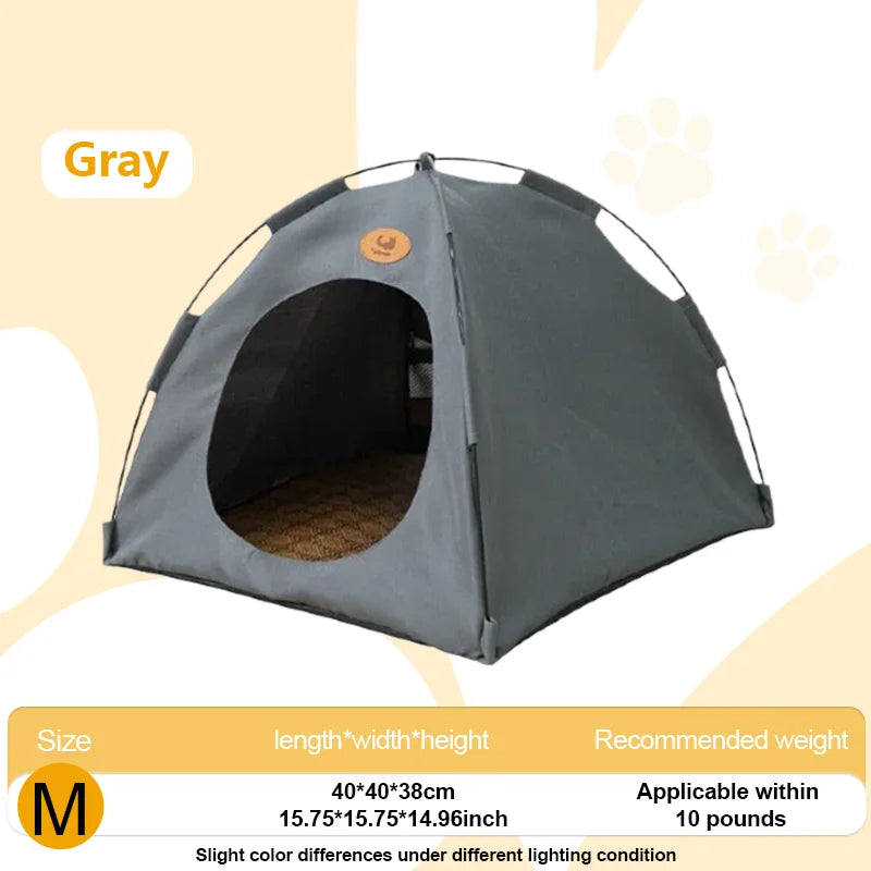 A gray breathable pet tent bed for cats and small dogs shown from the front view.