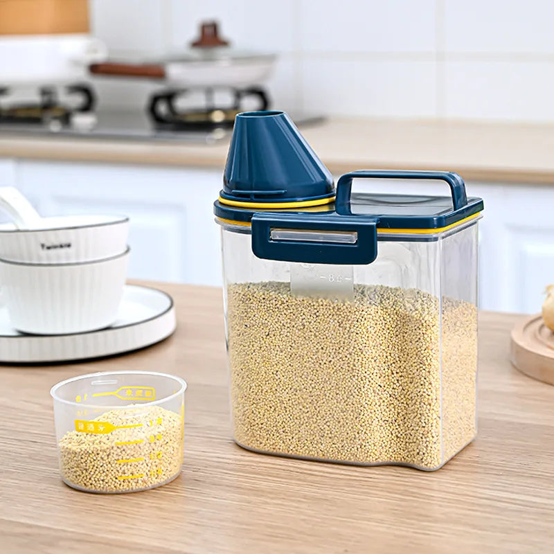 A clear airtight storage container with a measuring scale filled with yellow pet food pellets.