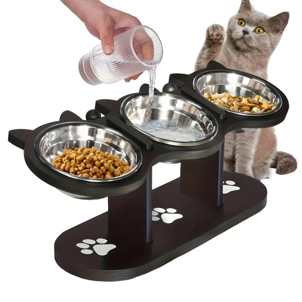 Un gato bebe de un vaso transparente mientras se alimenta de un plato para gatos de acero inoxidable elevado.