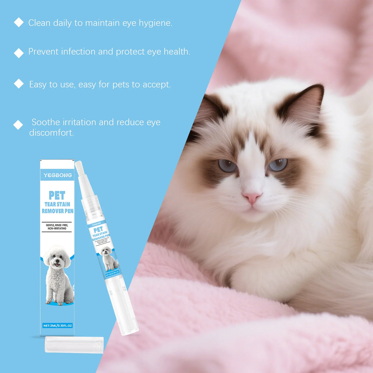 Eine weiße Katze ruht auf rosa Stoff neben einem Stift zum Entfernen von Tierflecken.