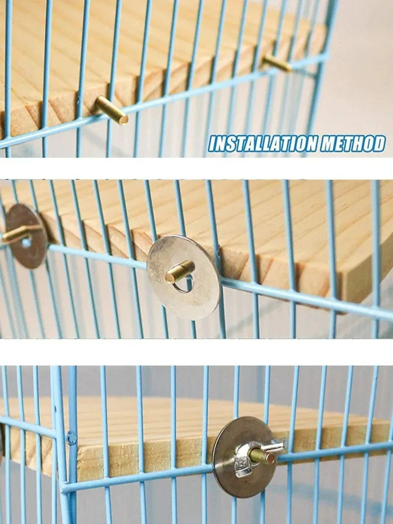 Installation method showing a metal plate being attached to a natural wood parrot perch stand.