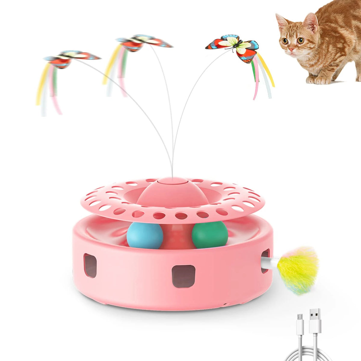 A pink interactive cat toy with a spinning mechanism and fluttery butterfly and feather attachments.
