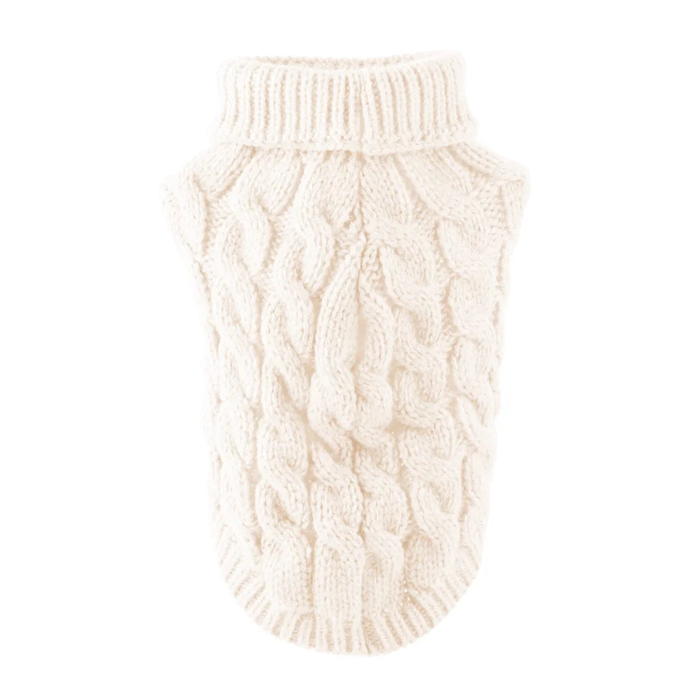 Pull en tricot de couleur crème à col côtelé et corps texturé, conçu pour un chiot.