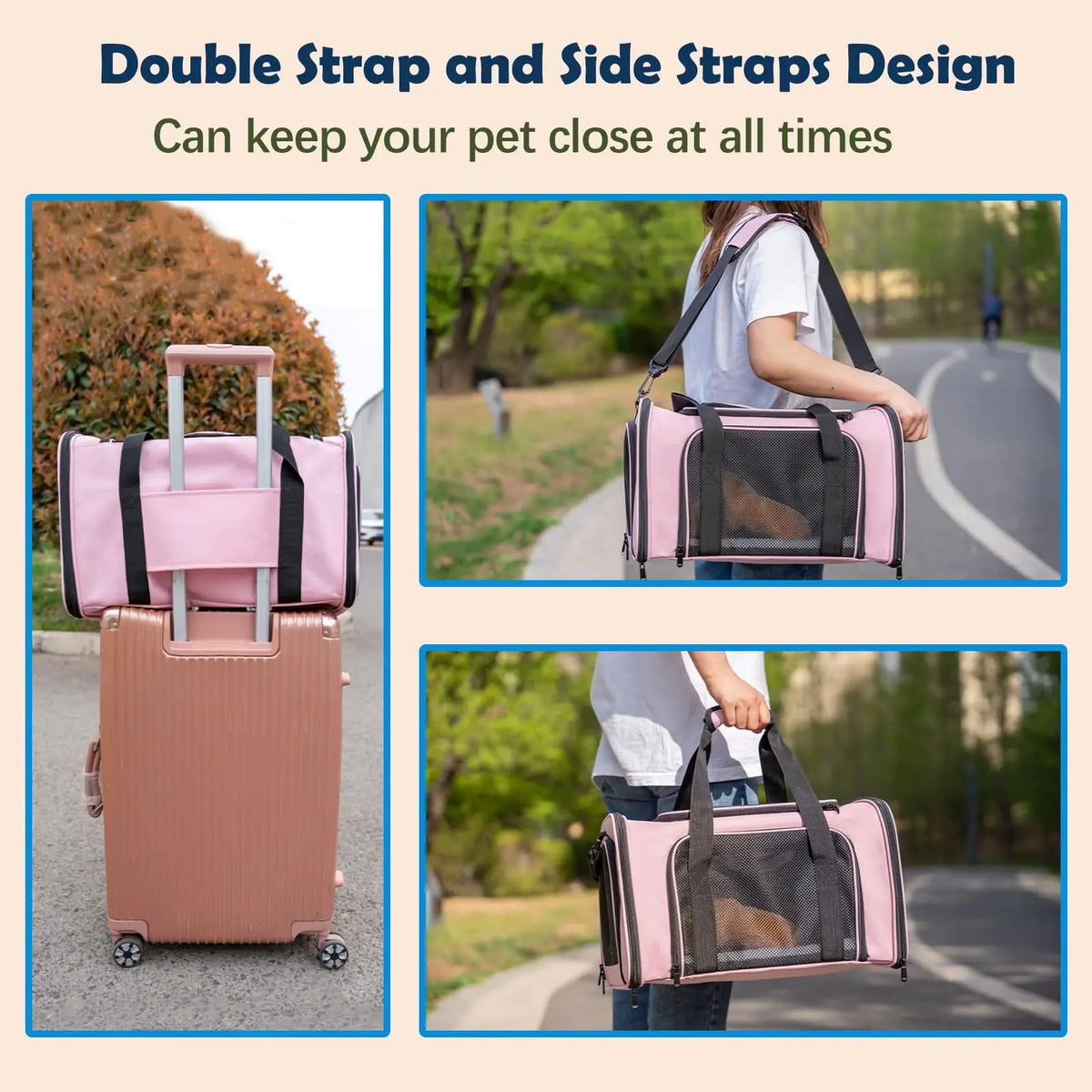 Pink and black double strap pet carrier suitcase with side straps being carried by a person.