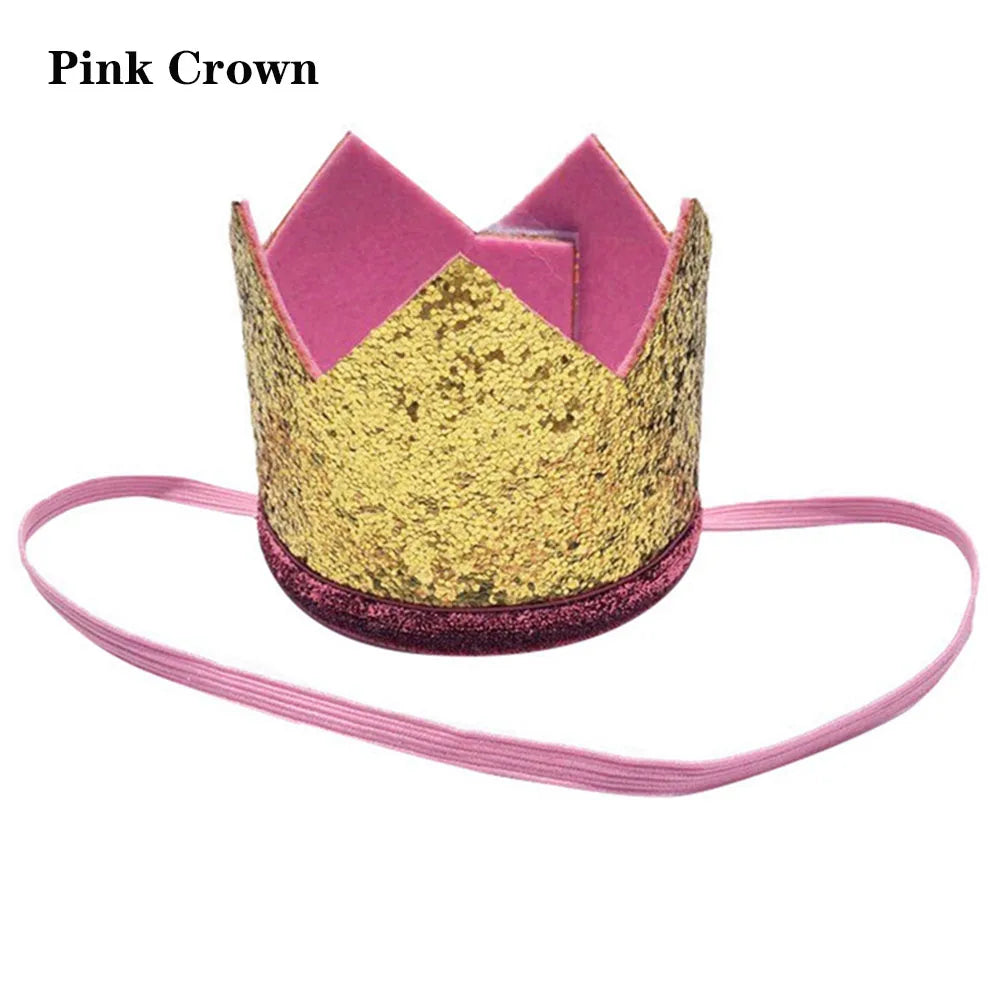 Pink crown headwear with gold sequins and a pink ribbon for pets