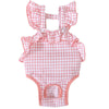 Pink gingham dog shorts for females with ruffled trim