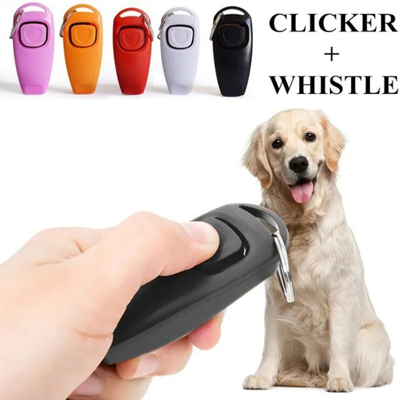 A hand holds a black dog training clicker and whistle set with a golden retriever.
