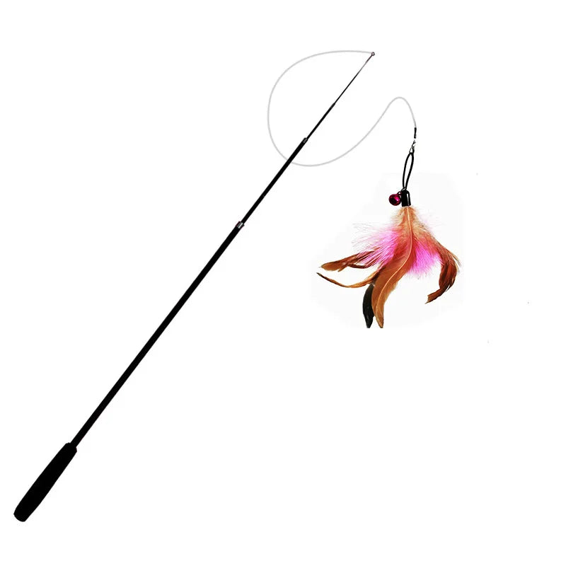 A long, thin black telescopic wand with a feather toy attached.