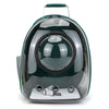 A portable transparent pet backpack for dogs and cats with a dark green body and a silver handle.