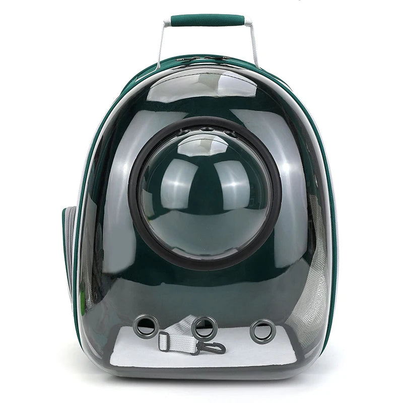A portable transparent pet backpack for dogs and cats with a dark green body and a silver handle.