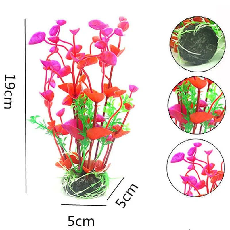 Artificial aquarium plant featuring vibrant pink and orange flowers on a green base.