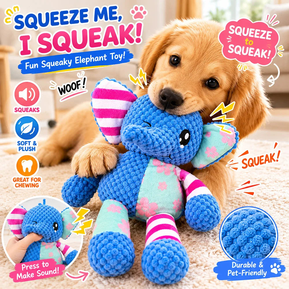A golden retriever dog is holding a blue elephant plush toy designed to squeak and chew.