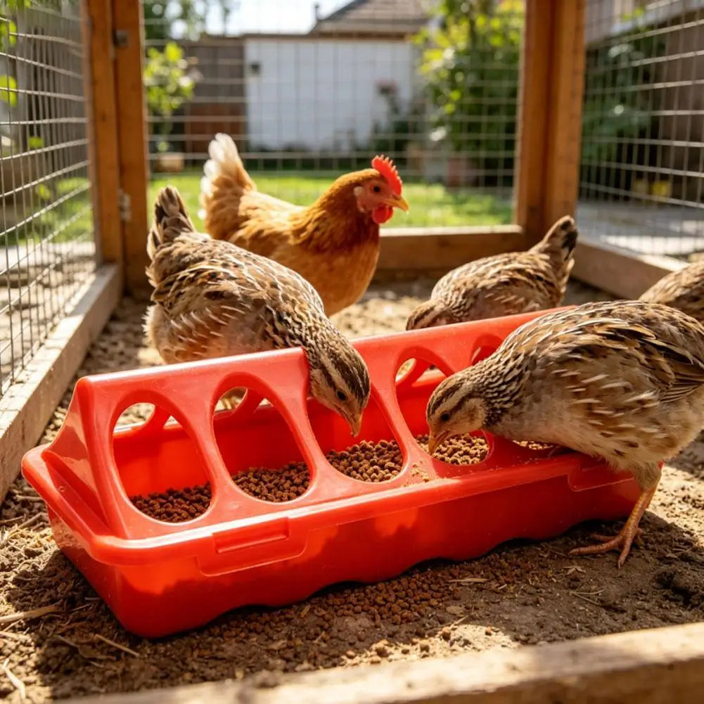 A brown hen feeds from an orange plastic feeder filled with grain in a wooden enclosure.