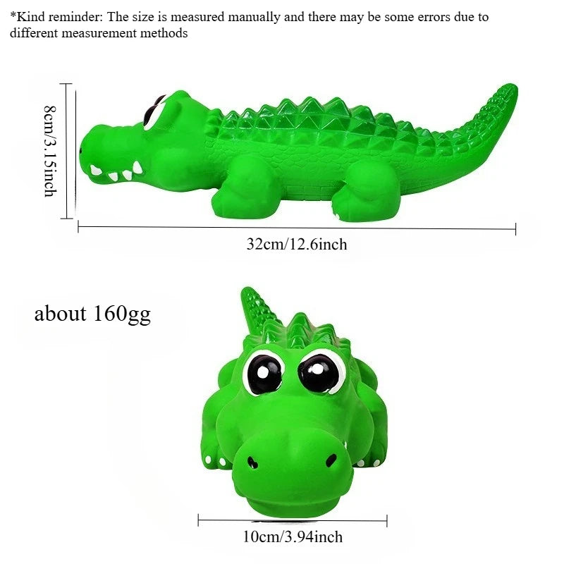 A bright green crocodile-shaped latex dog chew toy with a squeaker, shown in profile and front view.